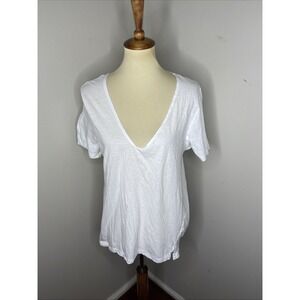 Womens Bassike White V-neck Short Sleeve Cotton T-shirt Large L
